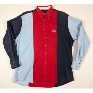 Nautica Button Up Shirt Mens Large Patch Red Dark‎ Blue Light Blue Vintage 1990s